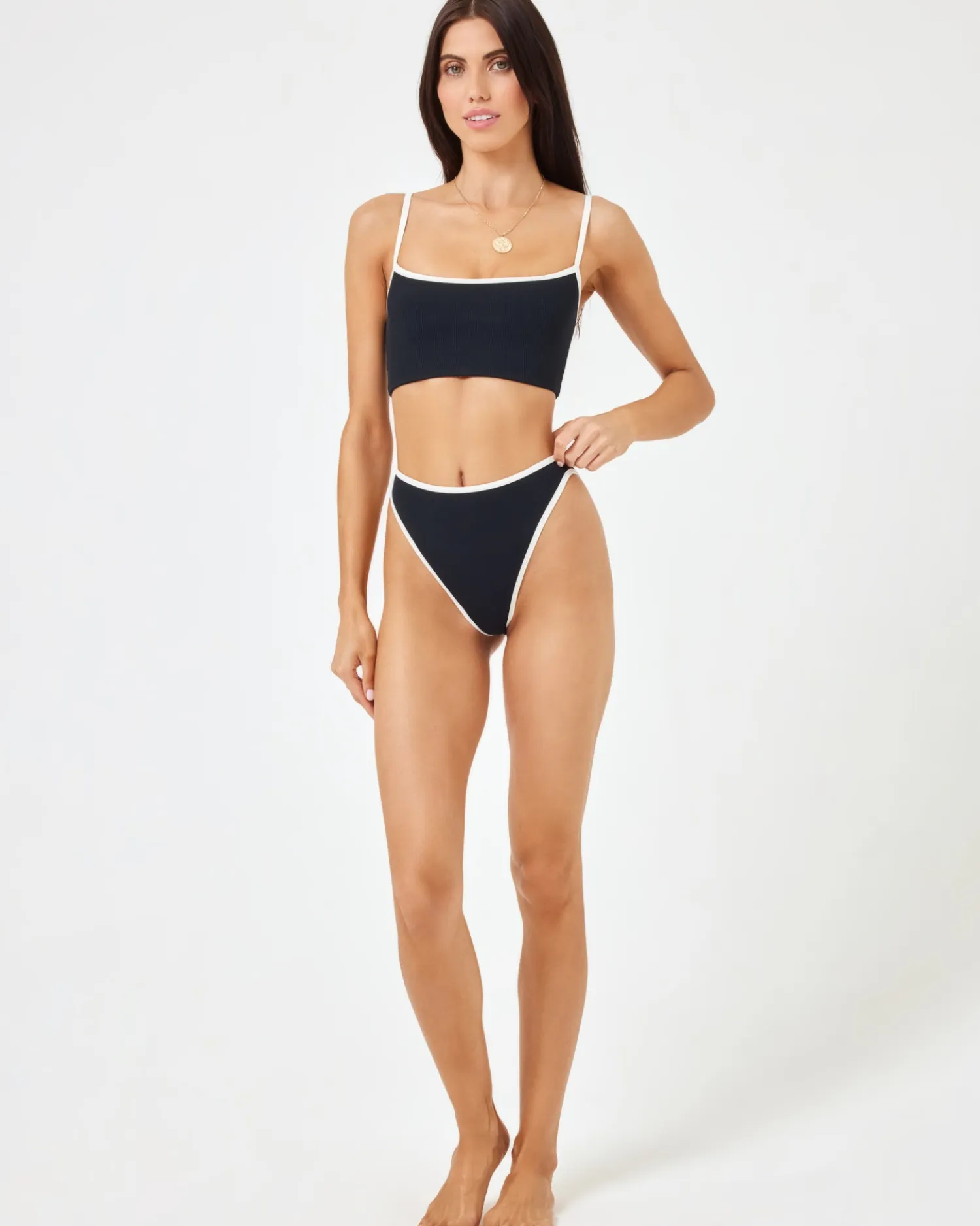 Fashion Ribbed Adalyn Bikini Top - Black-Cream Bikini Tops